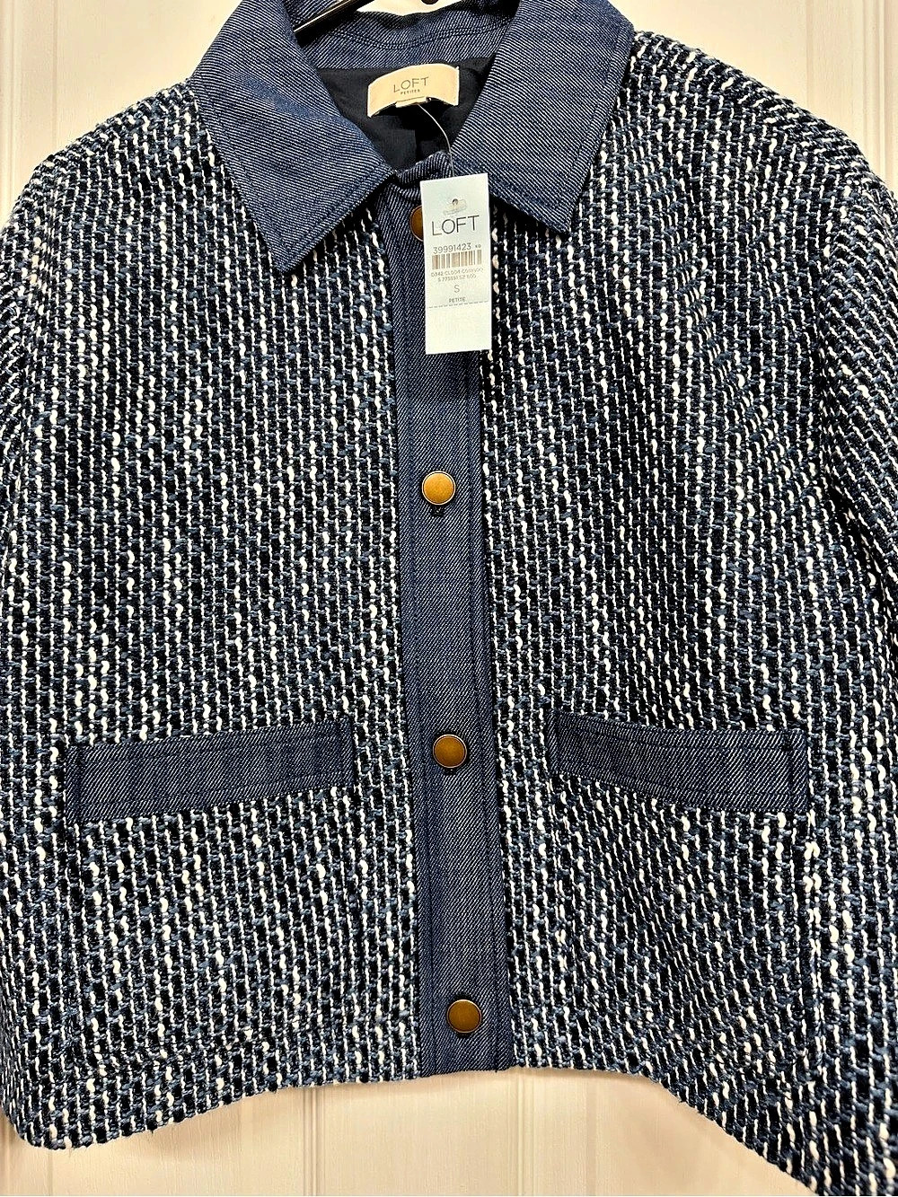 LOFT Petite Denim Tweed Jacket in Blue & White Small